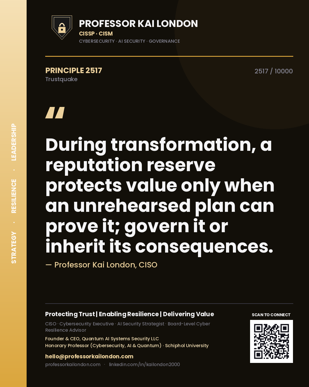 Quote card by Professor Kai London reading 'During transformation, a reputation reserve protects value only when an unrehearsed plan can prove it; govern it or inherit its consequences.'. From the book Trustquake.