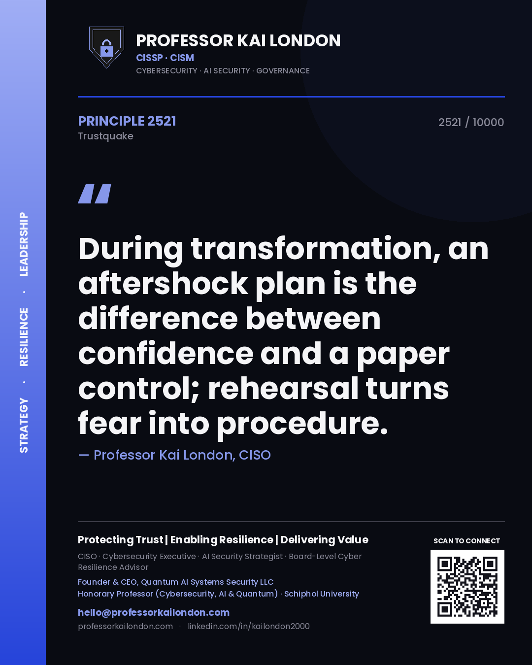 Professor Kai London principle 2521: During transformation, an aftershock plan is the difference between confidence and a paper control; rehearsal turns fear into procedure.