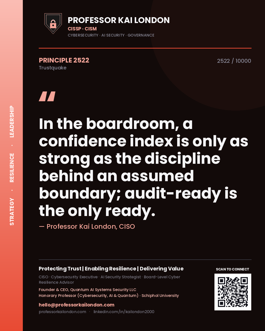 Quote card by Professor Kai London reading 'In the boardroom, a confidence index is only as strong as the discipline behind an assumed boundary; audit-ready is the only ready.'. From the book Trustquake.