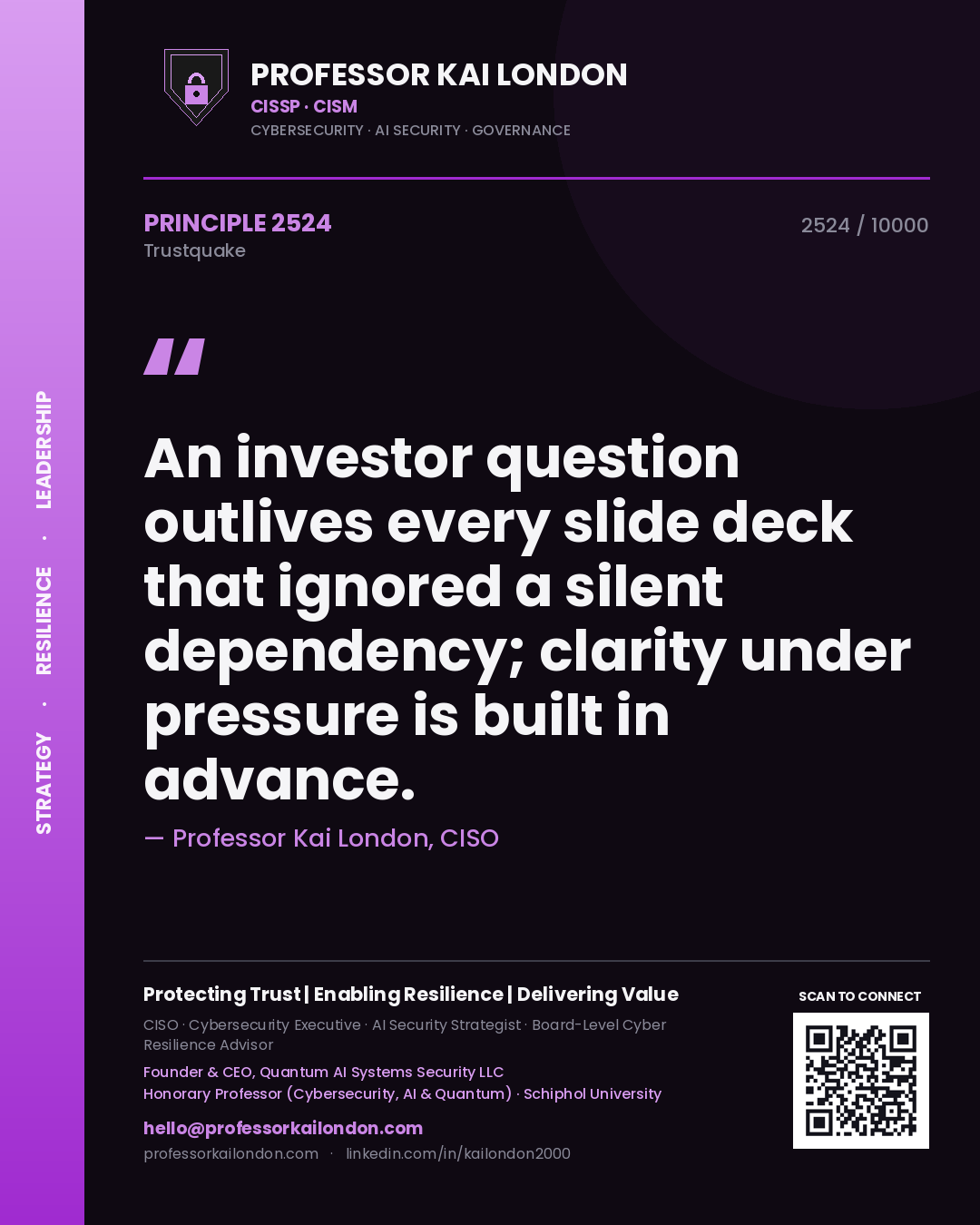 Quote card by Professor Kai London reading 'An investor question outlives every slide deck that ignored a silent dependency; clarity under pressure is built in advance.'. From the book Trustquake.