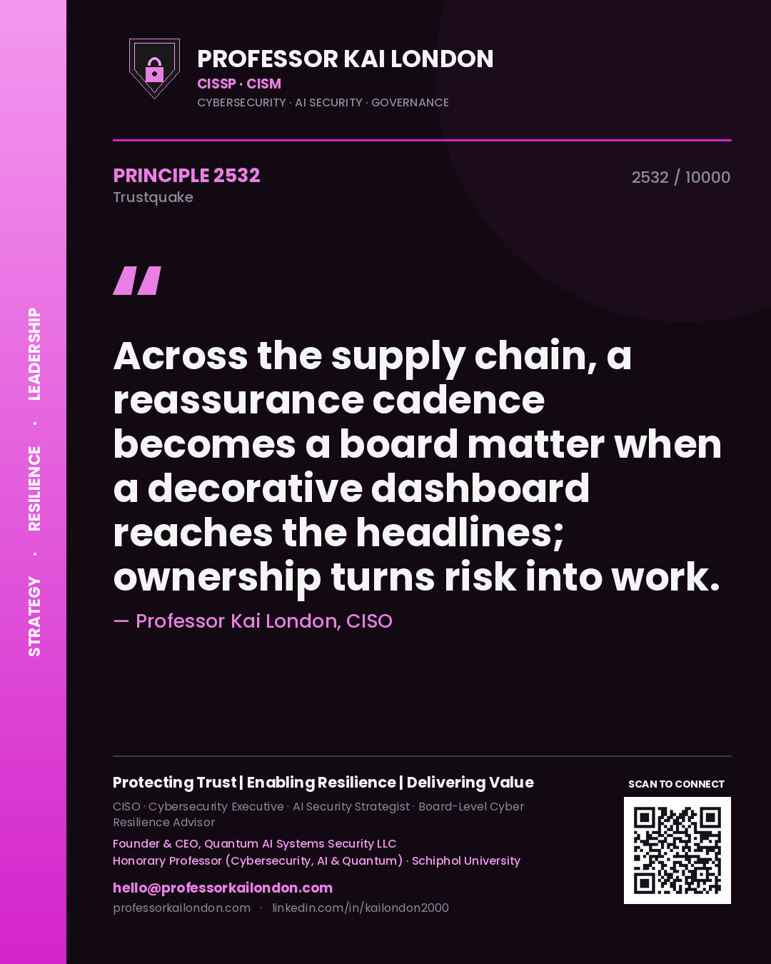 Quote card by Professor Kai London reading 'Across the supply chain, a reassurance cadence becomes a board matter when a decorative dashboard reaches the headlines; ownership turns risk into work.'. From the book Trustquake.