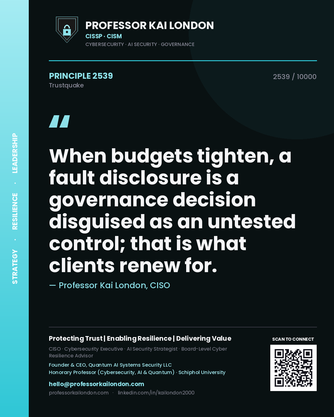 Quote card by Professor Kai London reading 'When budgets tighten, a fault disclosure is a governance decision disguised as an untested control; that is what clients renew for.'. From the book Trustquake.