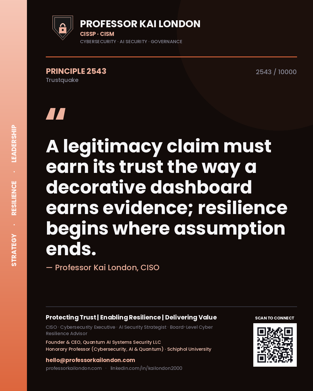 Quote card by Professor Kai London reading 'A legitimacy claim must earn its trust the way a decorative dashboard earns evidence; resilience begins where assumption ends.'. From the book Trustquake.