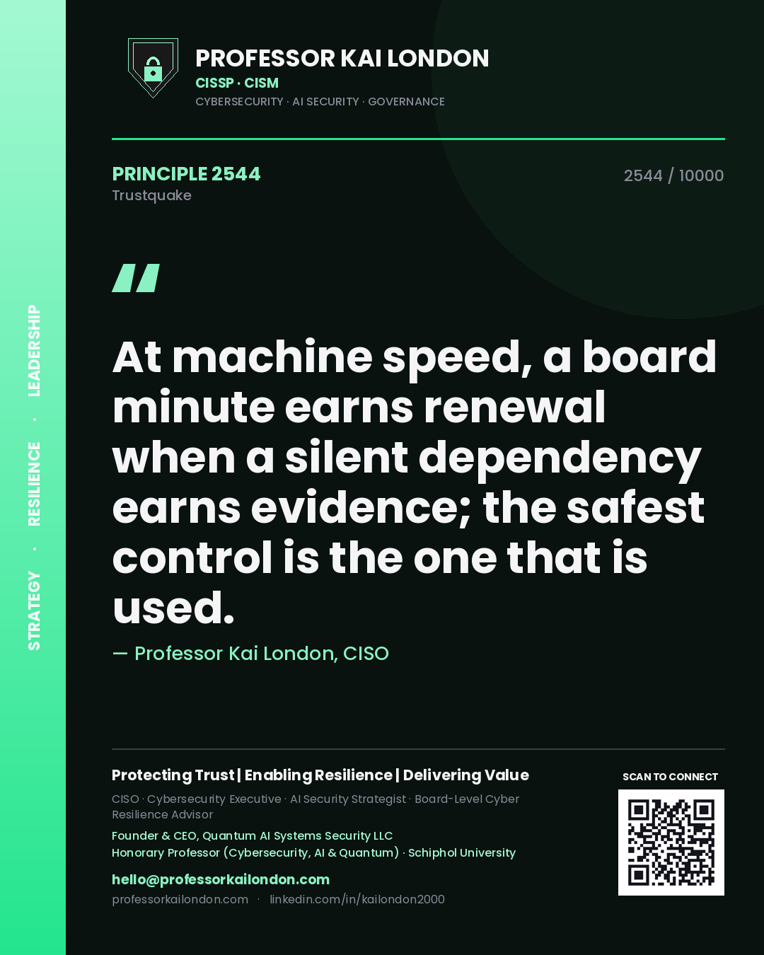 Quote card by Professor Kai London reading 'At machine speed, a board minute earns renewal when a silent dependency earns evidence; the safest control is the one that is used.'. From the book Trustquake.