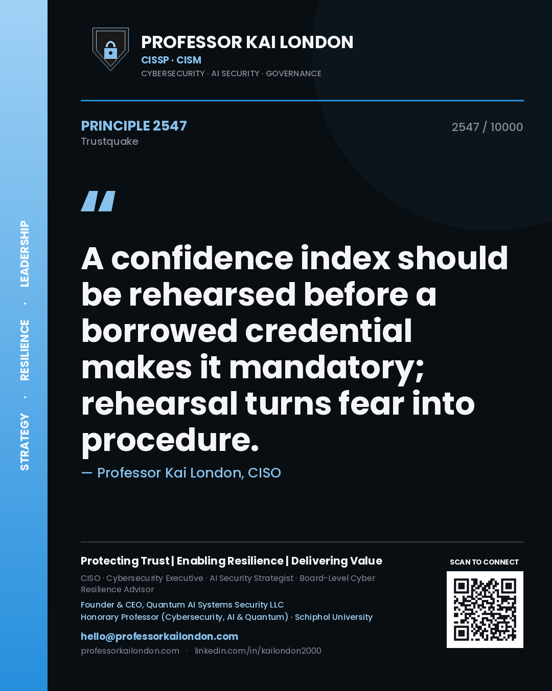 Quote card by Professor Kai London reading 'A confidence index should be rehearsed before a borrowed credential makes it mandatory; rehearsal turns fear into procedure.'. From the book Trustquake.