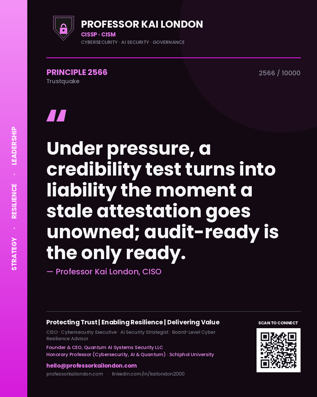 Quote card by Professor Kai London reading 'Under pressure, a credibility test turns into liability the moment a stale attestation goes unowned; audit-ready is the only ready.'. From the book Trustquake.