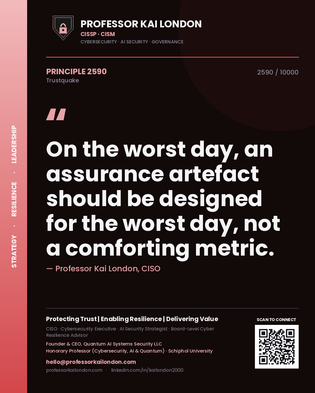 Quote card by Professor Kai London reading 'On the worst day, an assurance artefact should be designed for the worst day, not a comforting metric.'. From the book Trustquake.