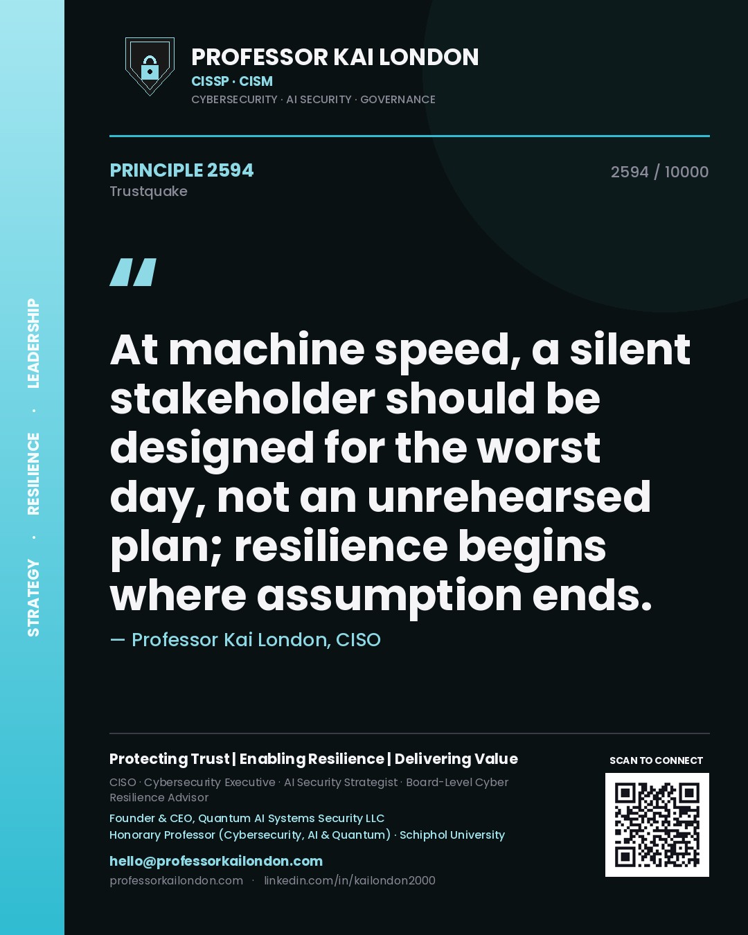 Quote card by Professor Kai London reading 'At machine speed, a silent stakeholder should be designed for the worst day, not an unrehearsed plan; resilience begins where assumption ends.'. From the book Trustquake.