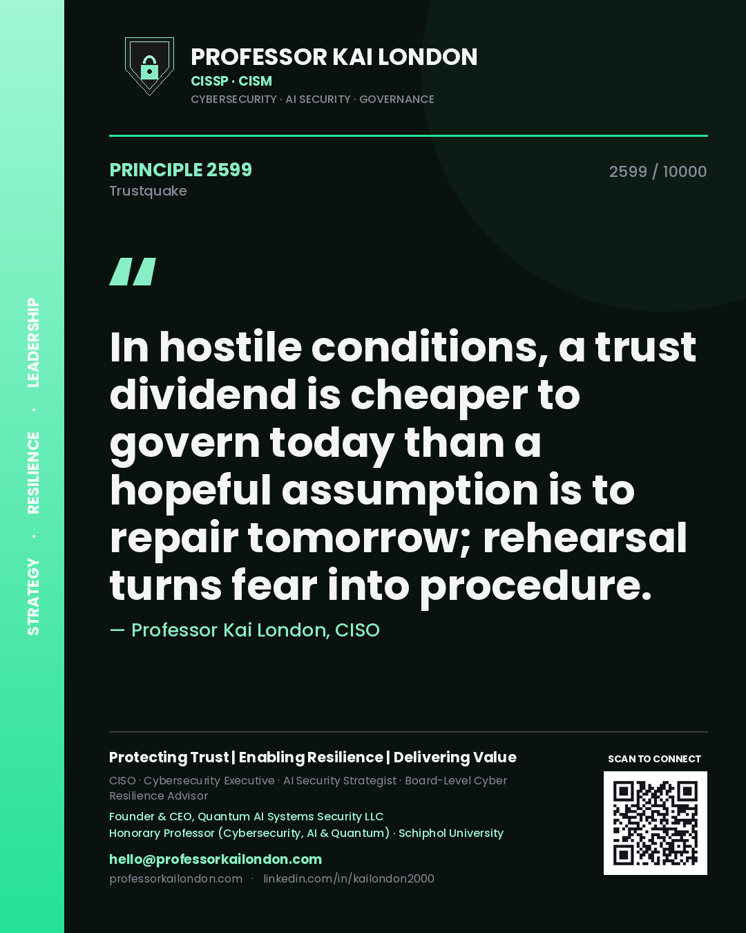 Professor Kai London principle 2599: In hostile conditions, a trust dividend is cheaper to govern today than a hopeful assumption is to repair tomorrow; rehearsal turns fear into procedure.
