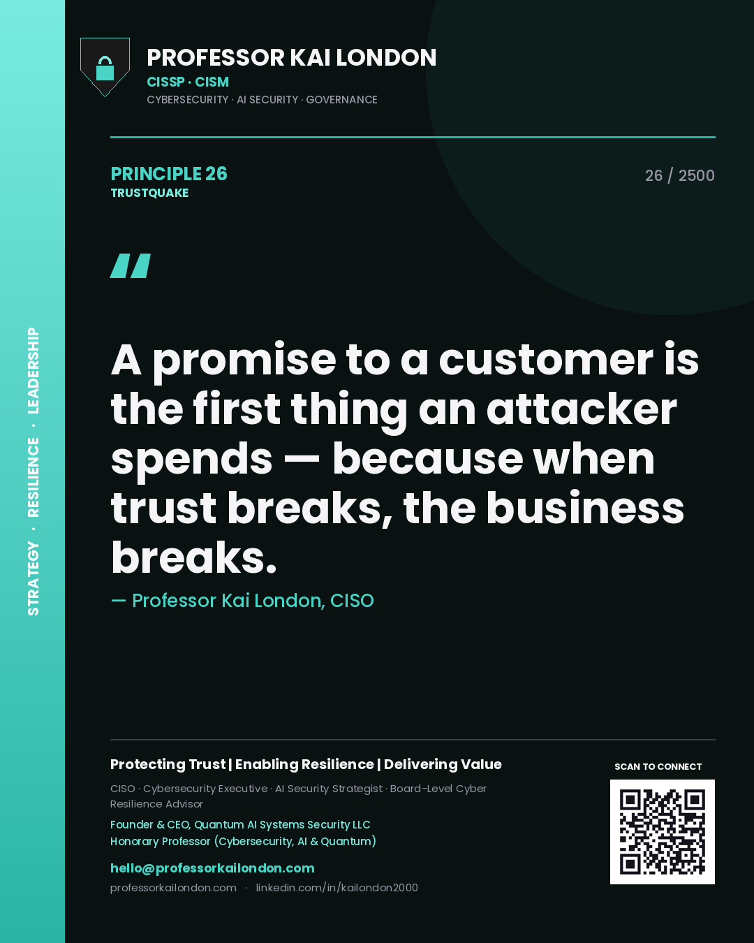 Professor Kai London principle 26: A promise to a customer is the first thing an attacker spends — because when trust breaks, the business breaks.