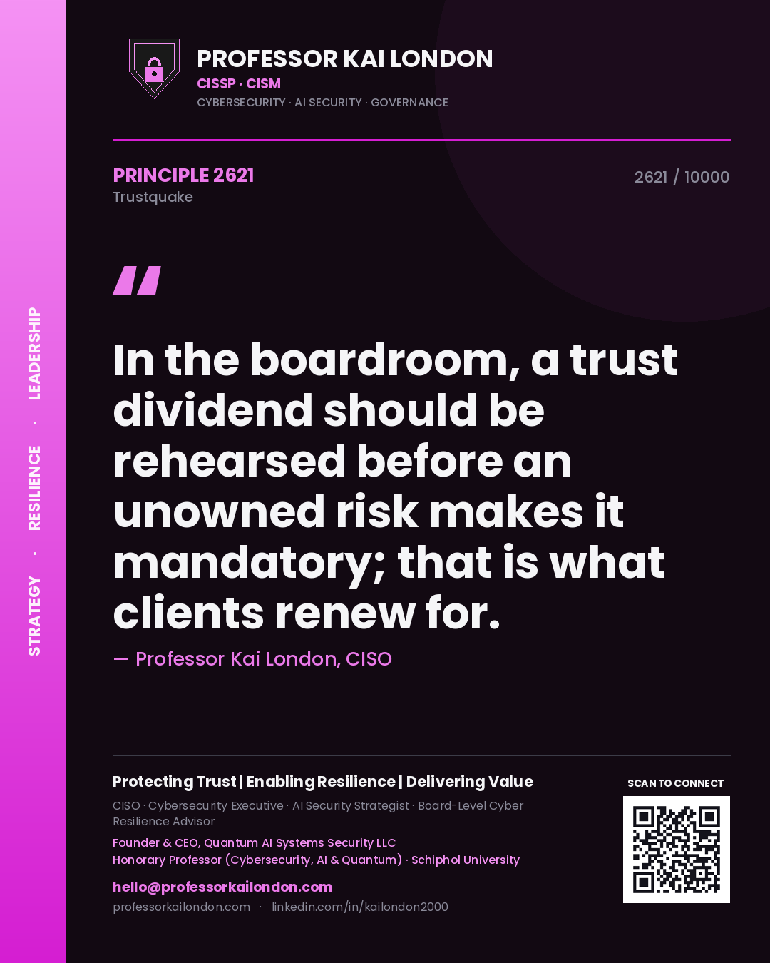 Professor Kai London principle 2621: In the boardroom, a trust dividend should be rehearsed before an unowned risk makes it mandatory; that is what clients renew for.