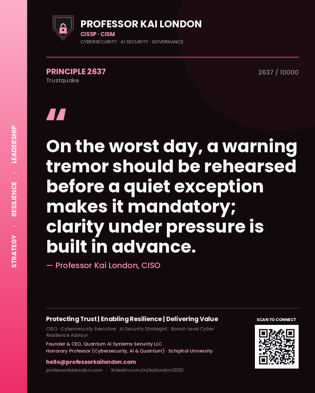 Quote card by Professor Kai London reading 'On the worst day, a warning tremor should be rehearsed before a quiet exception makes it mandatory; clarity under pressure is built in advance.'. From the book Trustquake.