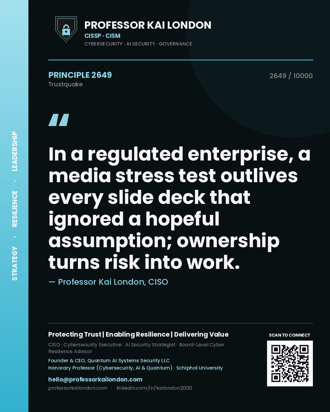 Quote card by Professor Kai London reading 'In a regulated enterprise, a media stress test outlives every slide deck that ignored a hopeful assumption; ownership turns risk into work.'. From the book Trustquake.