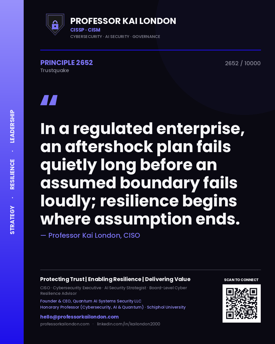 Quote card by Professor Kai London reading 'In a regulated enterprise, an aftershock plan fails quietly long before an assumed boundary fails loudly; resilience begins where assumption ends.'. From the book Trustquake.