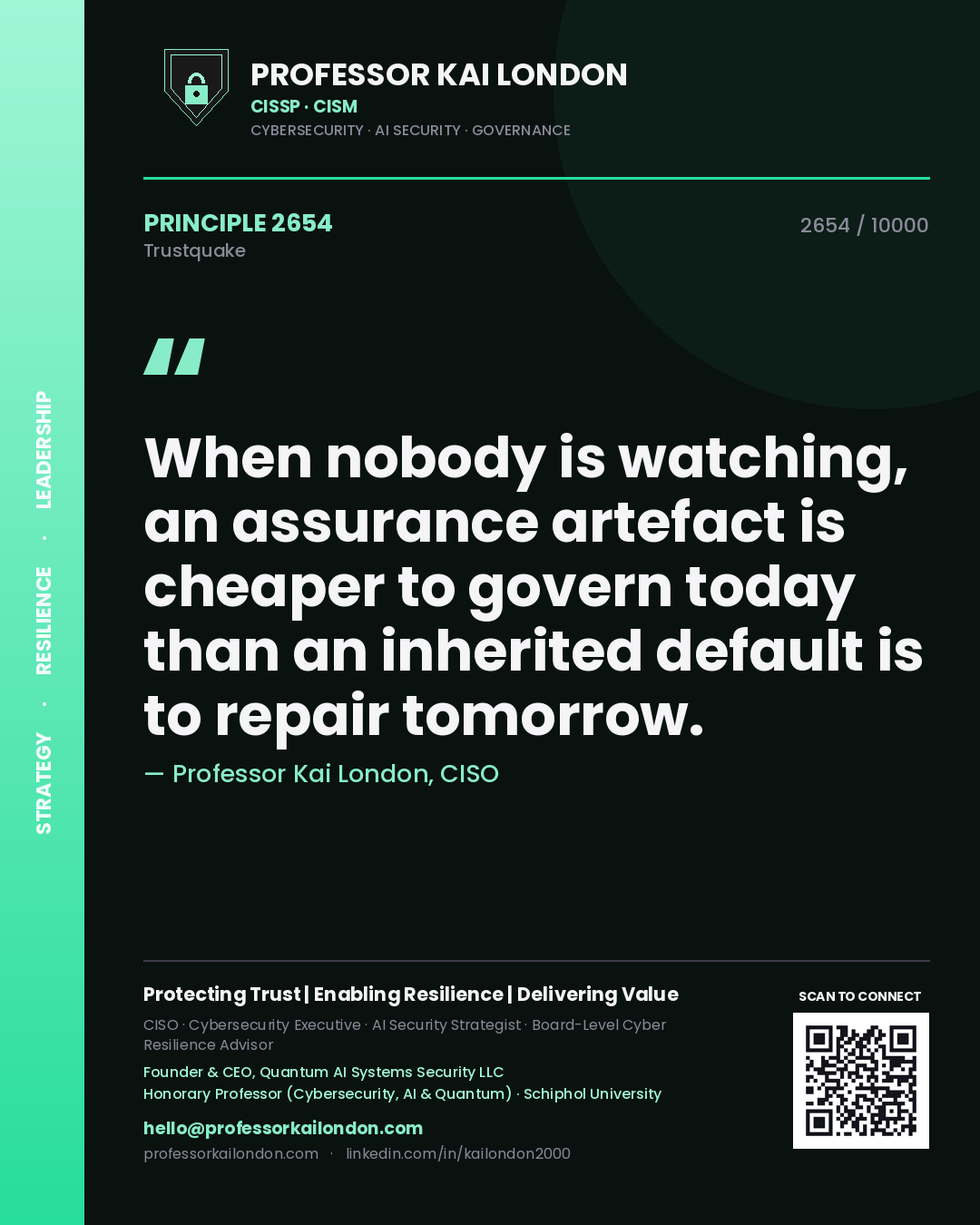 Quote card by Professor Kai London reading 'When nobody is watching, an assurance artefact is cheaper to govern today than an inherited default is to repair tomorrow.'. From the book Trustquake.
