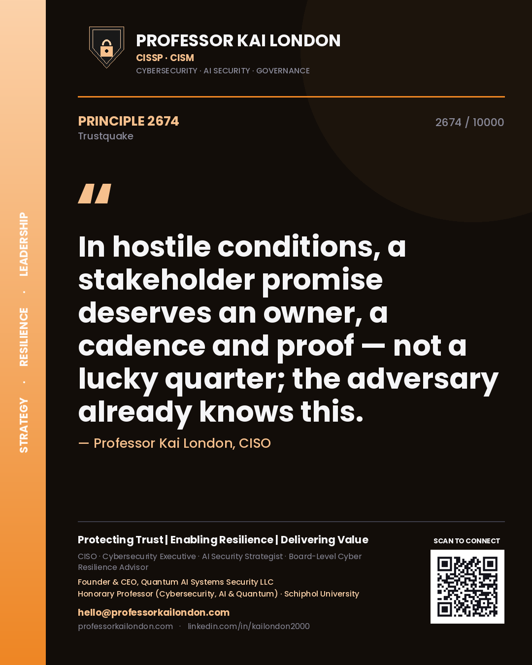 Quote card by Professor Kai London reading 'In hostile conditions, a stakeholder promise deserves an owner, a cadence and proof — not a lucky quarter; the adversary already knows this.'. From the book Trustquake.