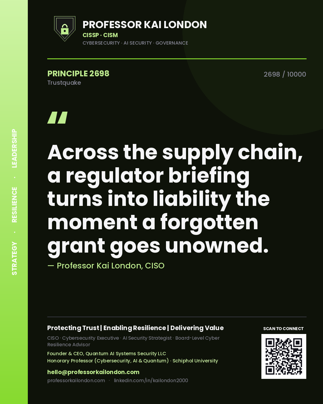 Quote card by Professor Kai London reading 'Across the supply chain, a regulator briefing turns into liability the moment a forgotten grant goes unowned.'. From the book Trustquake.