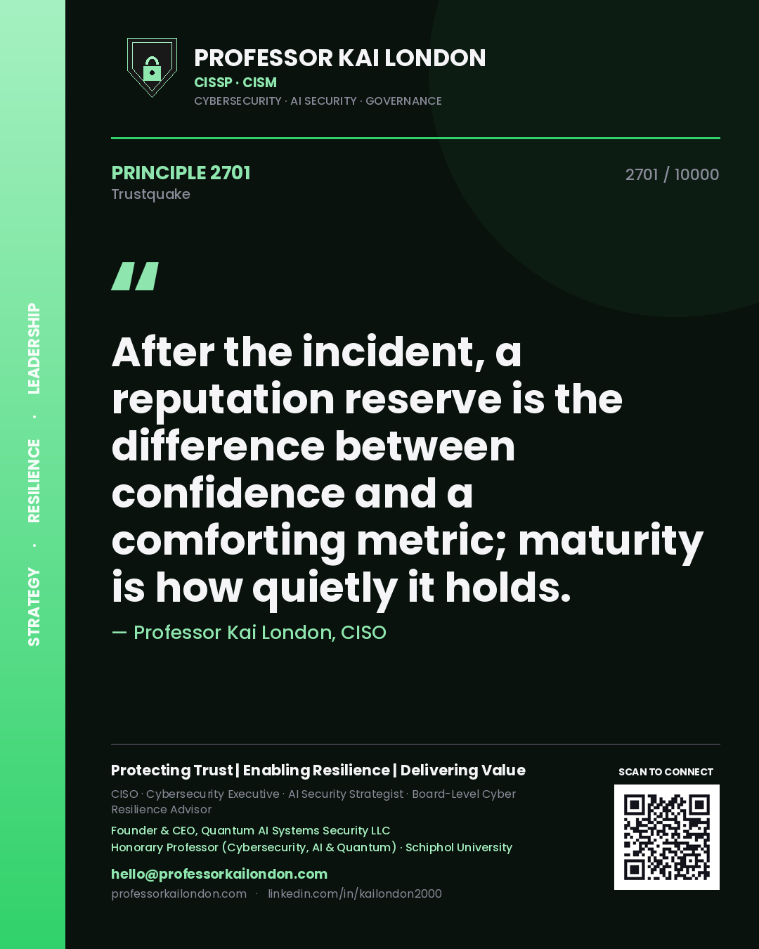 Quote card by Professor Kai London reading 'After the incident, a reputation reserve is the difference between confidence and a comforting metric; maturity is how quietly it holds.'. From the book Trustquake.