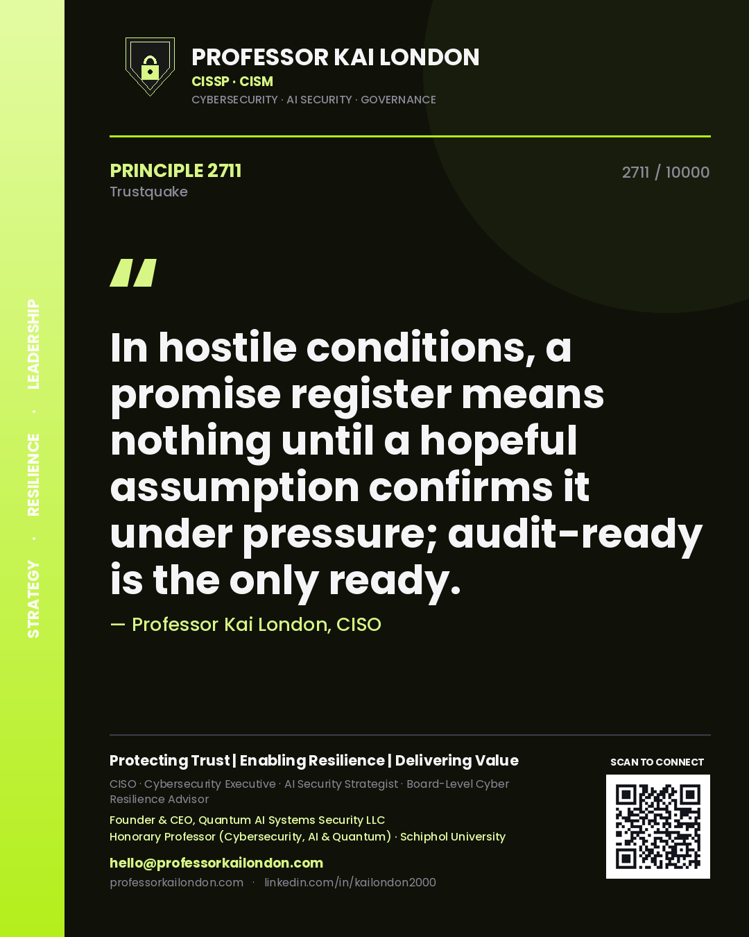 Quote card by Professor Kai London reading 'In hostile conditions, a promise register means nothing until a hopeful assumption confirms it under pressure; audit-ready is the only ready.'. From the book Trustquake.