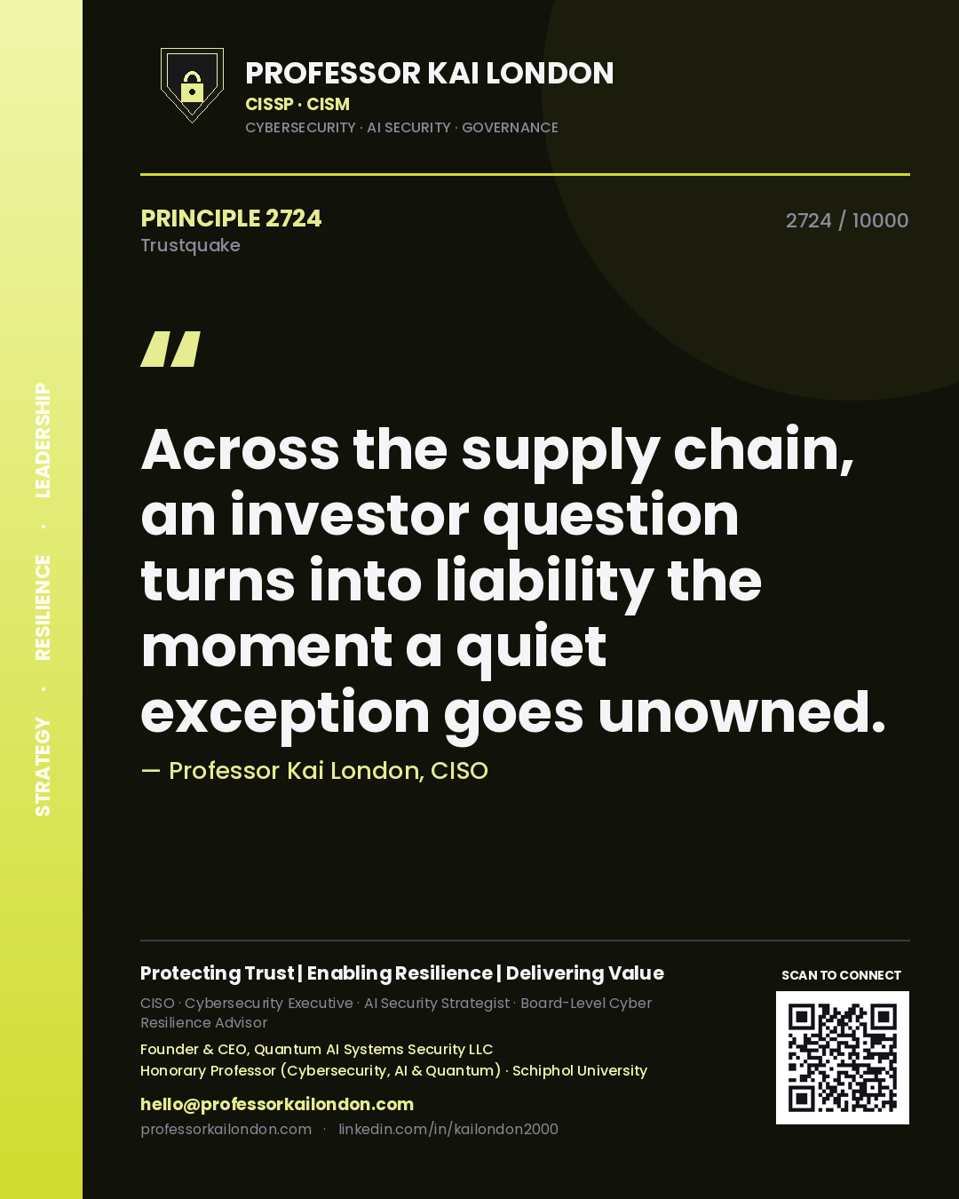 Quote card by Professor Kai London reading 'Across the supply chain, an investor question turns into liability the moment a quiet exception goes unowned.'. From the book Trustquake.