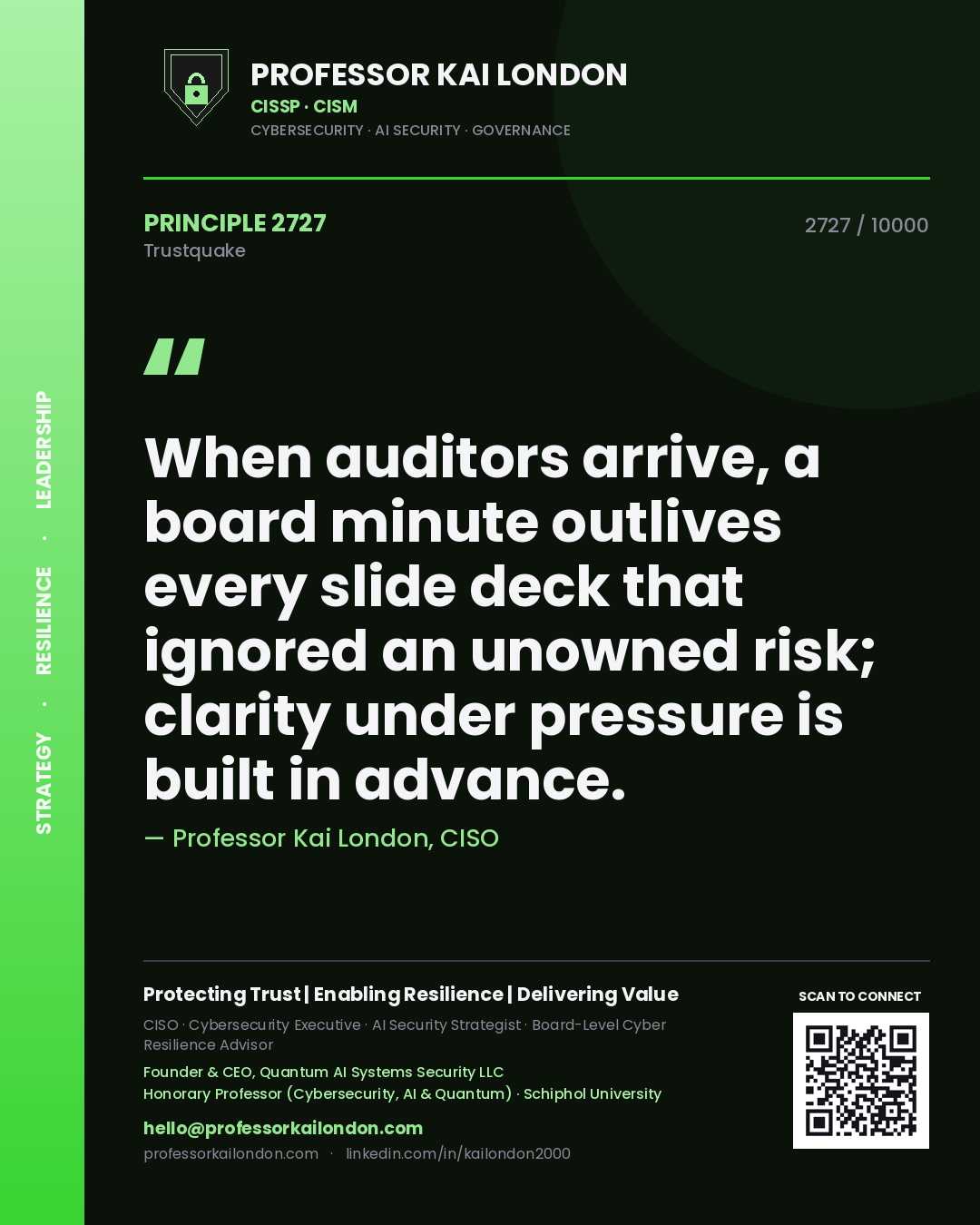 Quote card by Professor Kai London reading 'When auditors arrive, a board minute outlives every slide deck that ignored an unowned risk; clarity under pressure is built in advance.'. From the book Trustquake.