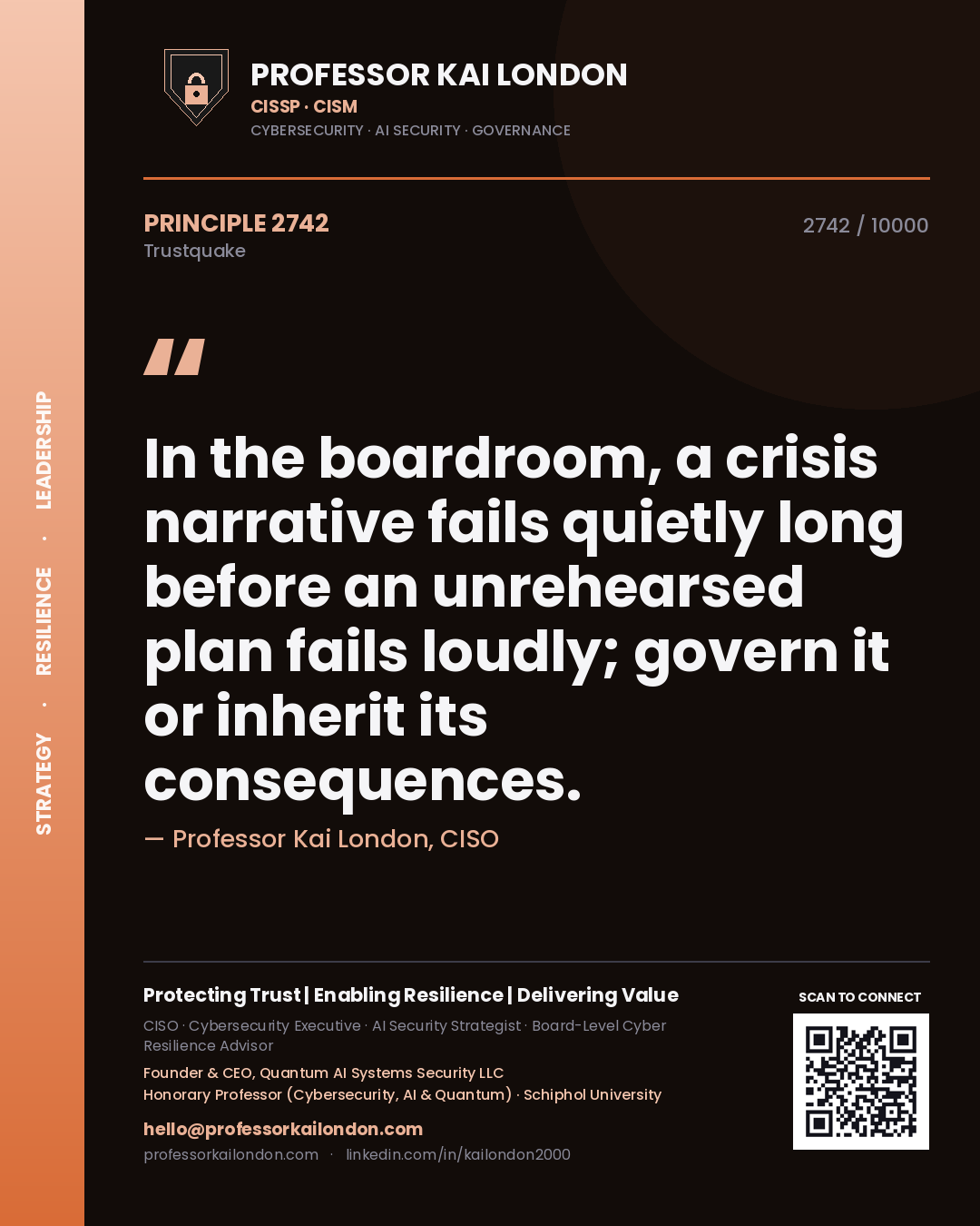 Quote card by Professor Kai London reading 'In the boardroom, a crisis narrative fails quietly long before an unrehearsed plan fails loudly; govern it or inherit its consequences.'. From the book Trustquake.