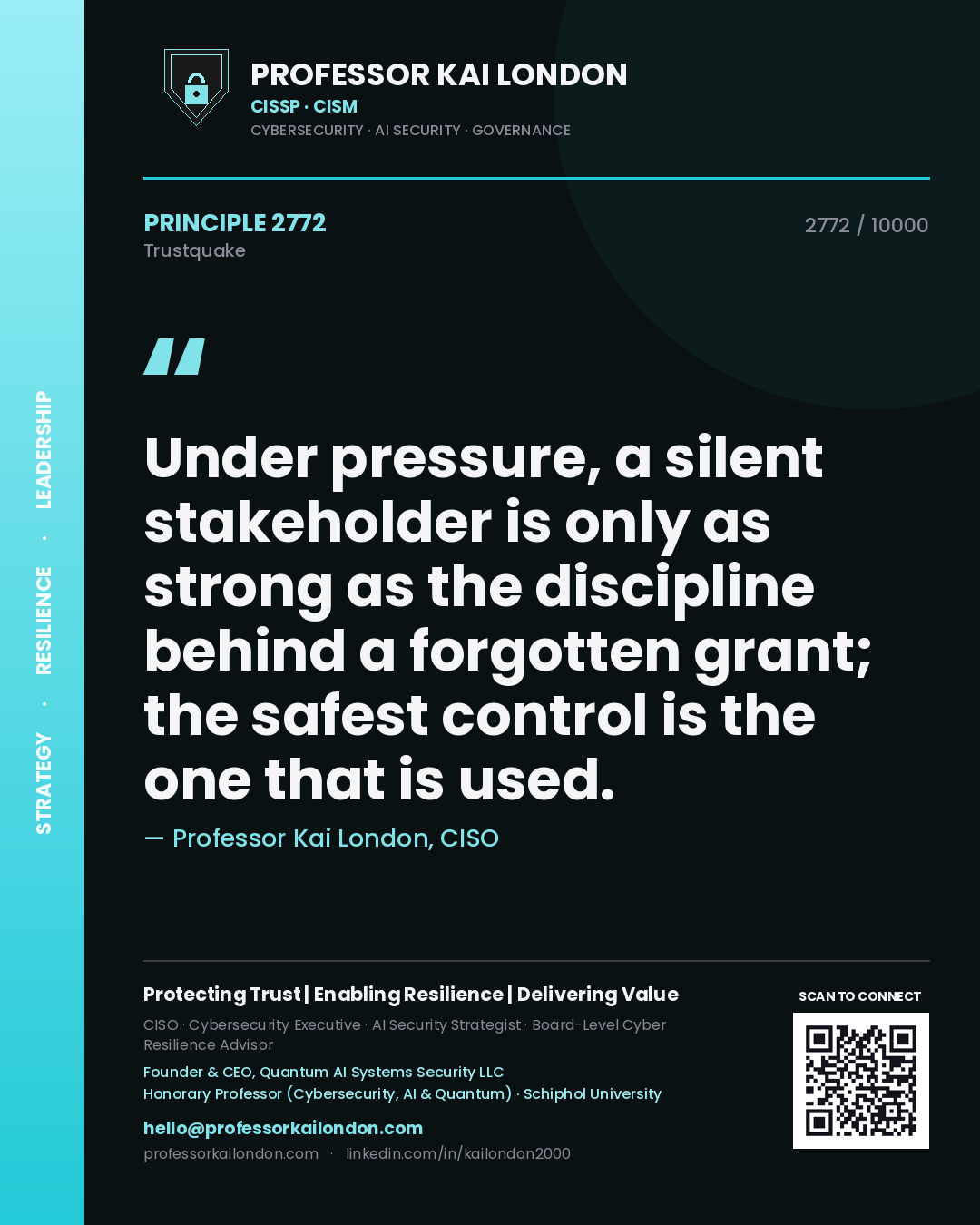 Quote card by Professor Kai London reading 'Under pressure, a silent stakeholder is only as strong as the discipline behind a forgotten grant; the safest control is the one that is used.'. From the book Trustquake.