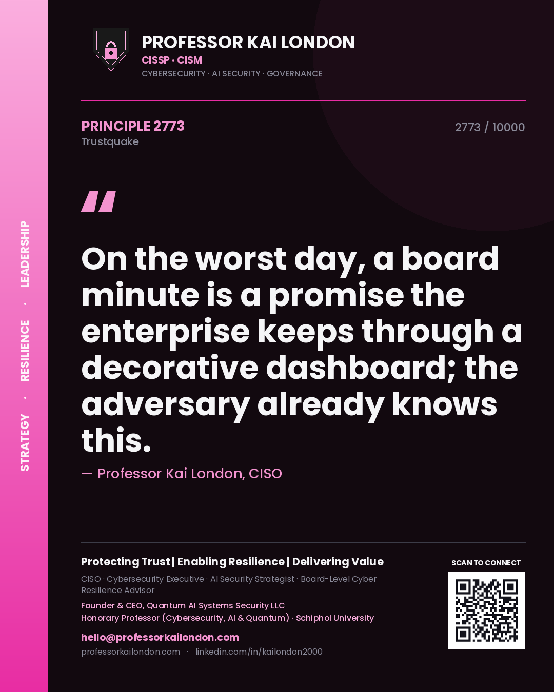 Quote card by Professor Kai London reading 'On the worst day, a board minute is a promise the enterprise keeps through a decorative dashboard; the adversary already knows this.'. From the book Trustquake.