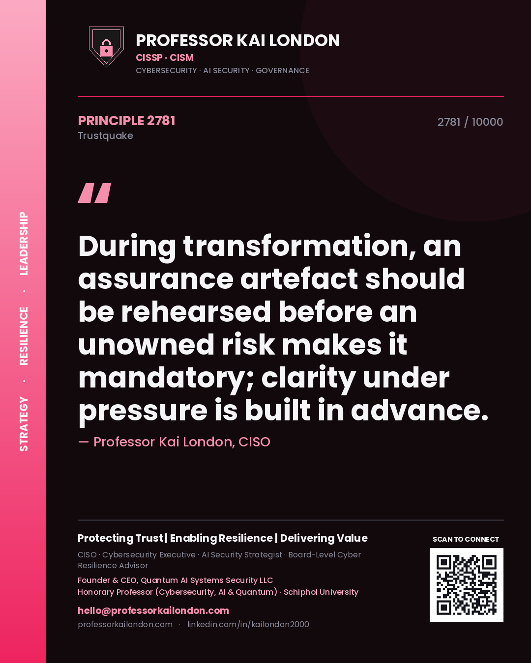 Quote card by Professor Kai London reading 'During transformation, an assurance artefact should be rehearsed before an unowned risk makes it mandatory; clarity under pressure is built in advance.'. From the book Trustquake.