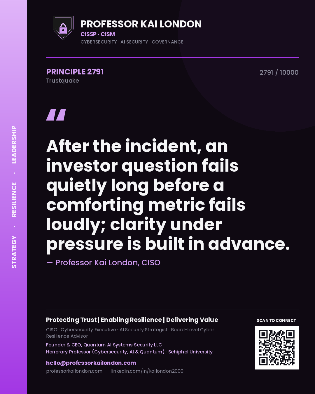Quote card by Professor Kai London reading 'After the incident, an investor question fails quietly long before a comforting metric fails loudly; clarity under pressure is built in advance.'. From the book Trustquake.
