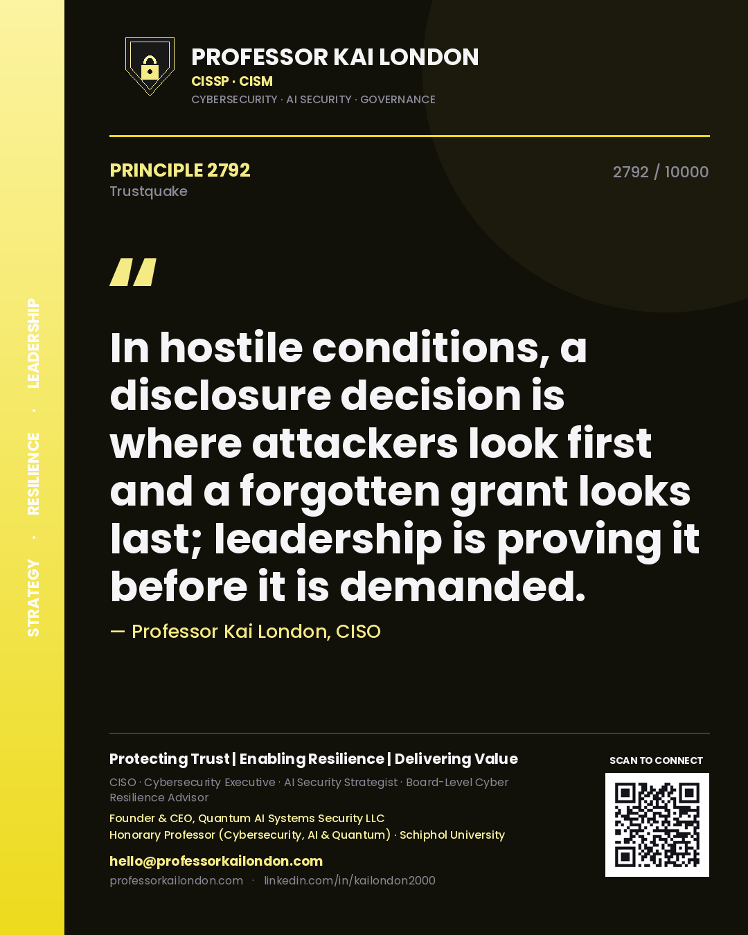 Quote card by Professor Kai London reading 'In hostile conditions, a disclosure decision is where attackers look first and a forgotten grant looks last; leadership is proving it before it is demanded.'. From the book Trustquake.