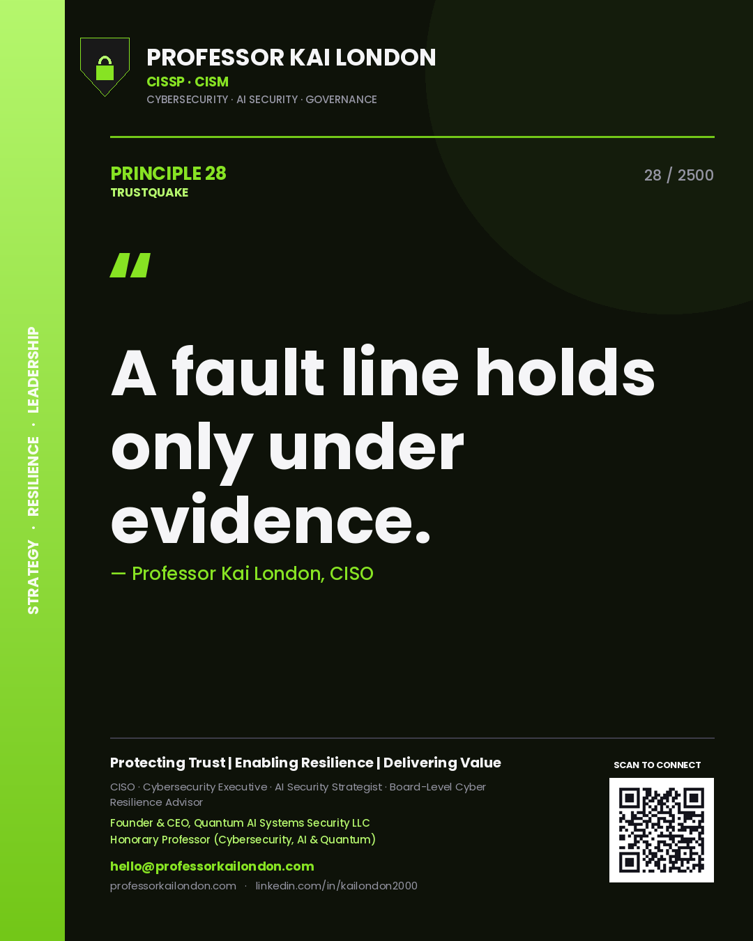Quote card by Professor Kai London reading 'A fault line holds only under evidence.'. From the book Trustquake.