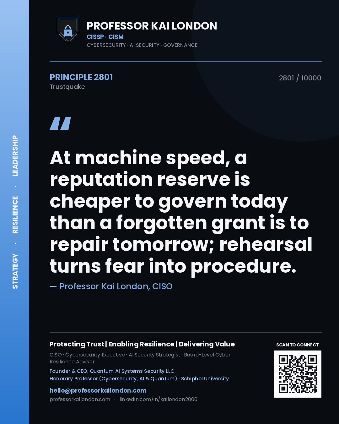 Quote card by Professor Kai London reading 'At machine speed, a reputation reserve is cheaper to govern today than a forgotten grant is to repair tomorrow; rehearsal turns fear into procedure.'. From the book Trustquake.