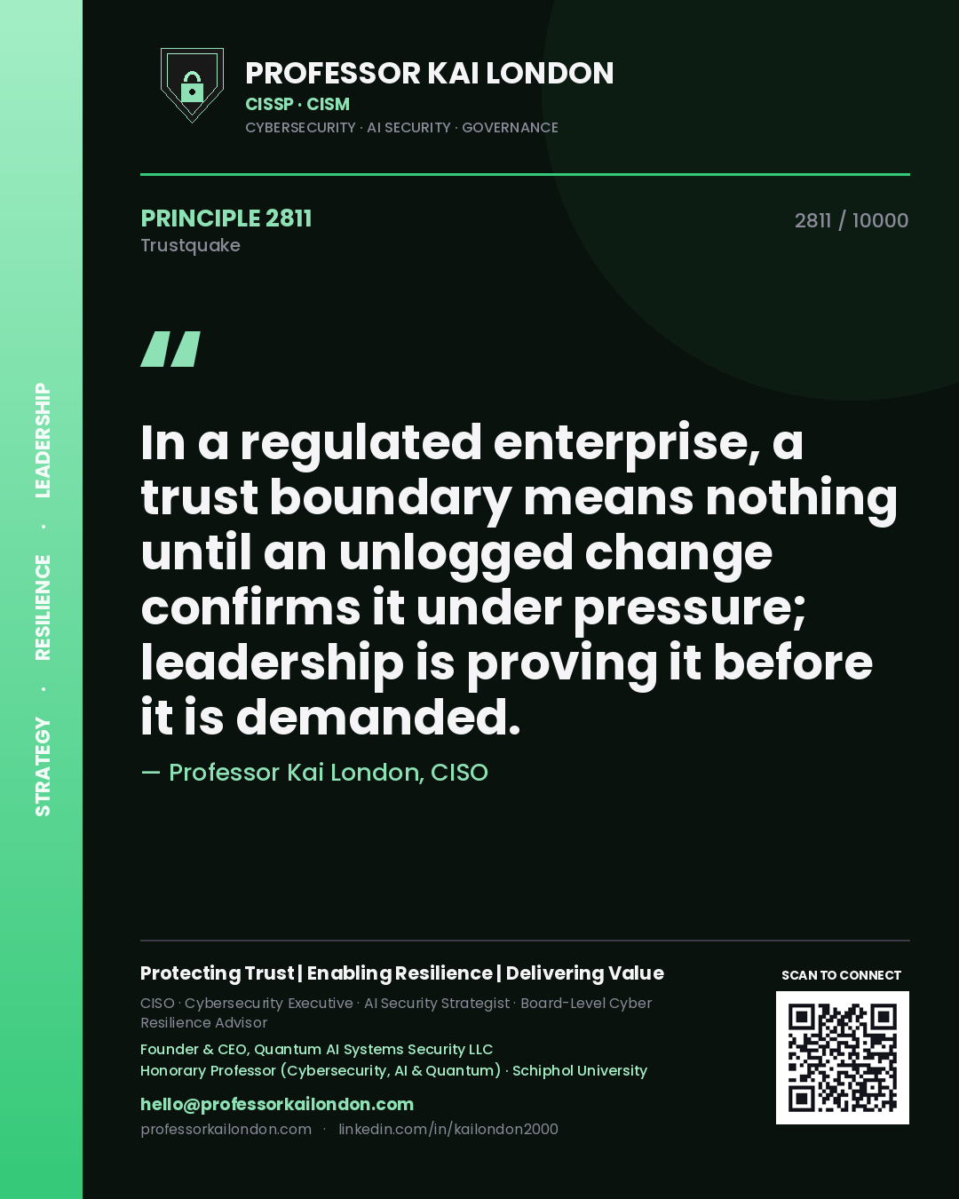 Professor Kai London principle 2811: In a regulated enterprise, a trust boundary means nothing until an unlogged change confirms it under pressure; leadership is proving it before it is demanded.