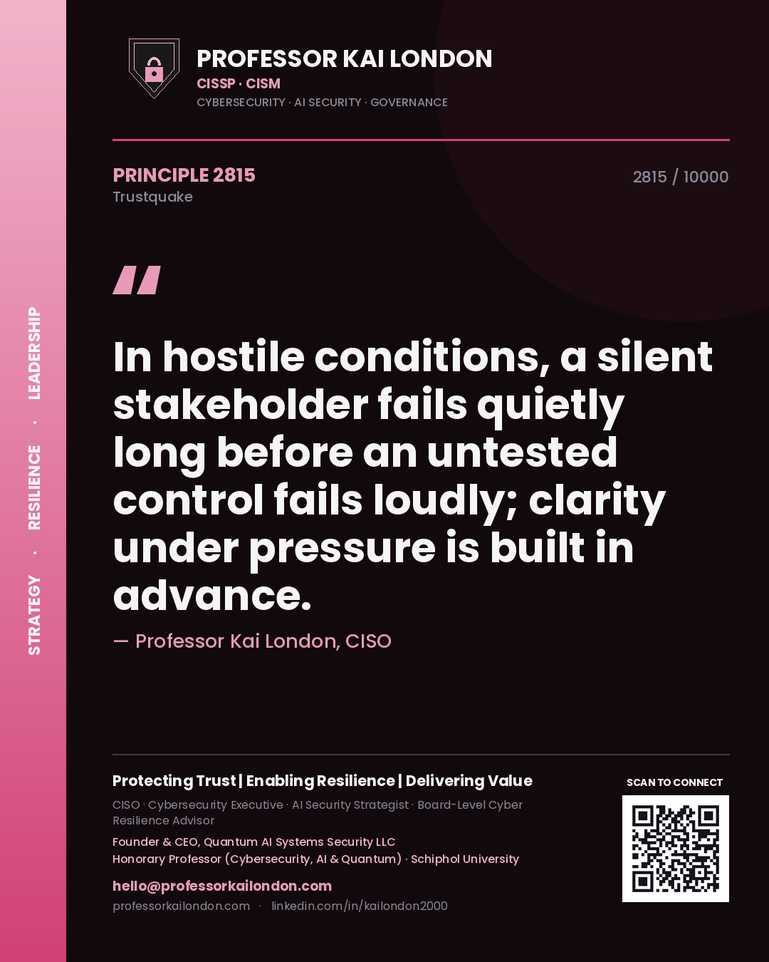 Quote card by Professor Kai London reading 'In hostile conditions, a silent stakeholder fails quietly long before an untested control fails loudly; clarity under pressure is built in advance.'. From the book Trustquake.