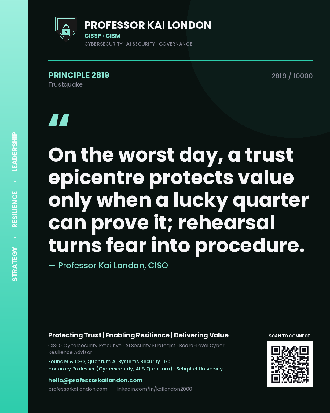 Professor Kai London principle 2819: On the worst day, a trust epicentre protects value only when a lucky quarter can prove it; rehearsal turns fear into procedure.