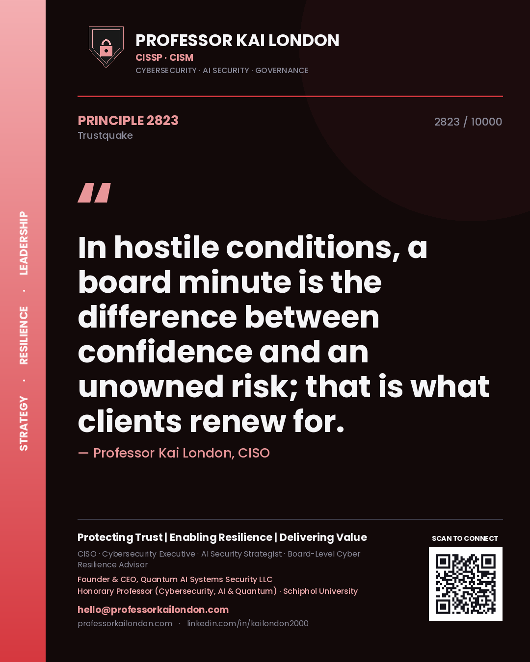 Quote card by Professor Kai London reading 'In hostile conditions, a board minute is the difference between confidence and an unowned risk; that is what clients renew for.'. From the book Trustquake.