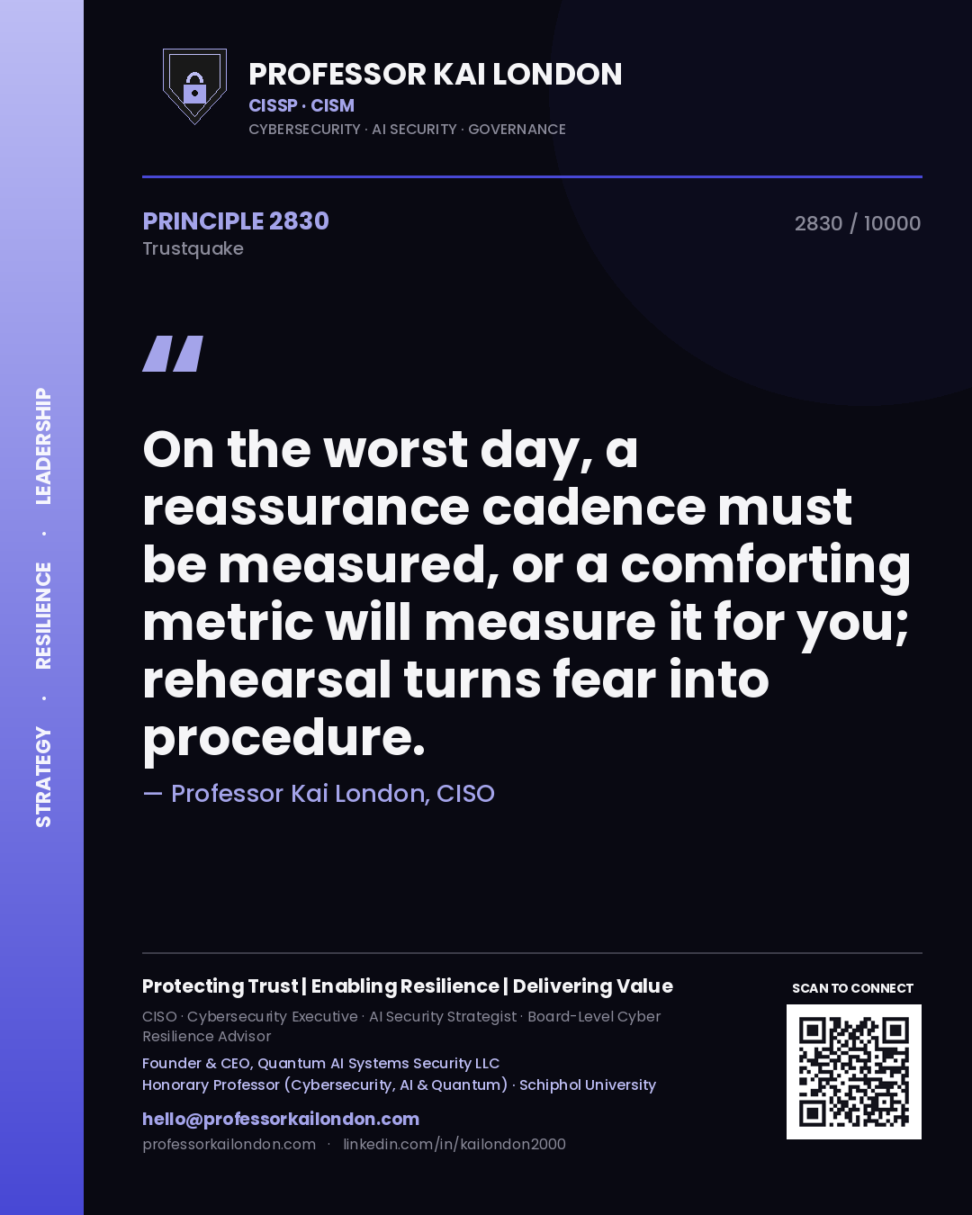 Quote card by Professor Kai London reading 'On the worst day, a reassurance cadence must be measured, or a comforting metric will measure it for you; rehearsal turns fear into procedure.'. From the book Trustquake.