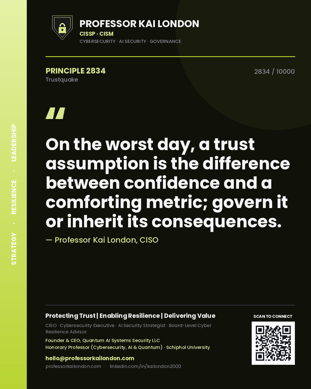 Quote card by Professor Kai London reading 'On the worst day, a trust assumption is the difference between confidence and a comforting metric; govern it or inherit its consequences.'. From the book Trustquake.