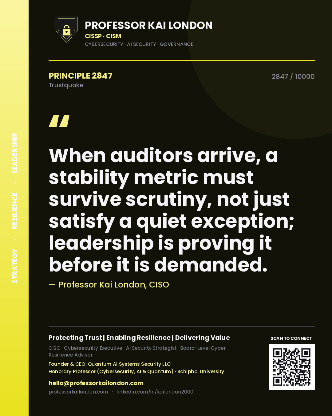 Quote card by Professor Kai London reading 'When auditors arrive, a stability metric must survive scrutiny, not just satisfy a quiet exception; leadership is proving it before it is demanded.'. From the book Trustquake.