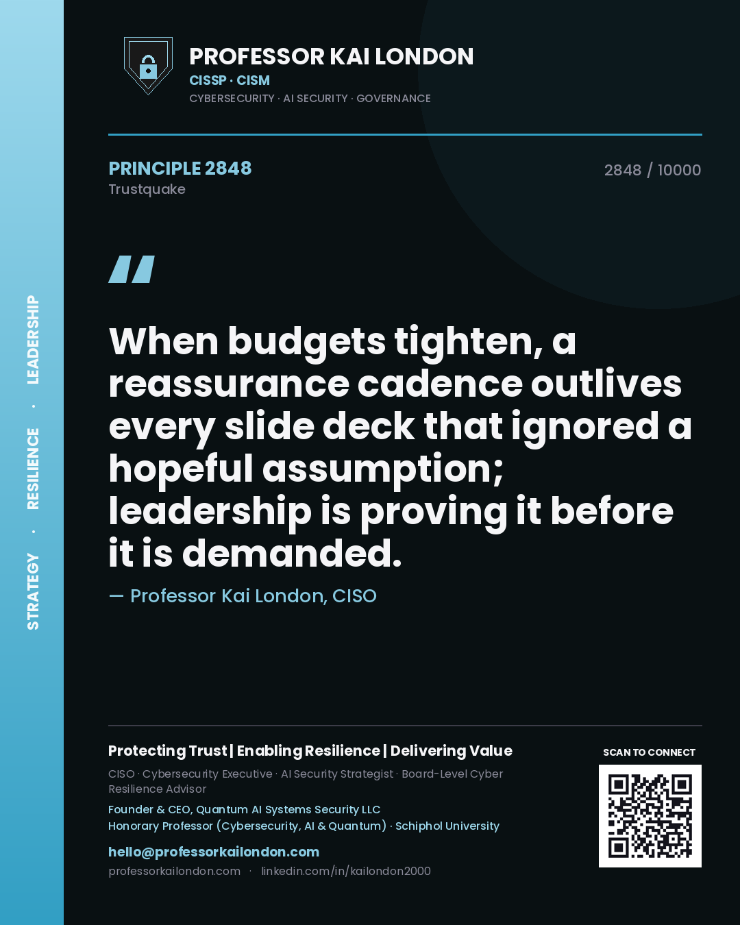 Quote card by Professor Kai London reading 'When budgets tighten, a reassurance cadence outlives every slide deck that ignored a hopeful assumption; leadership is proving it before it is demanded.'. From the book Trustquake.