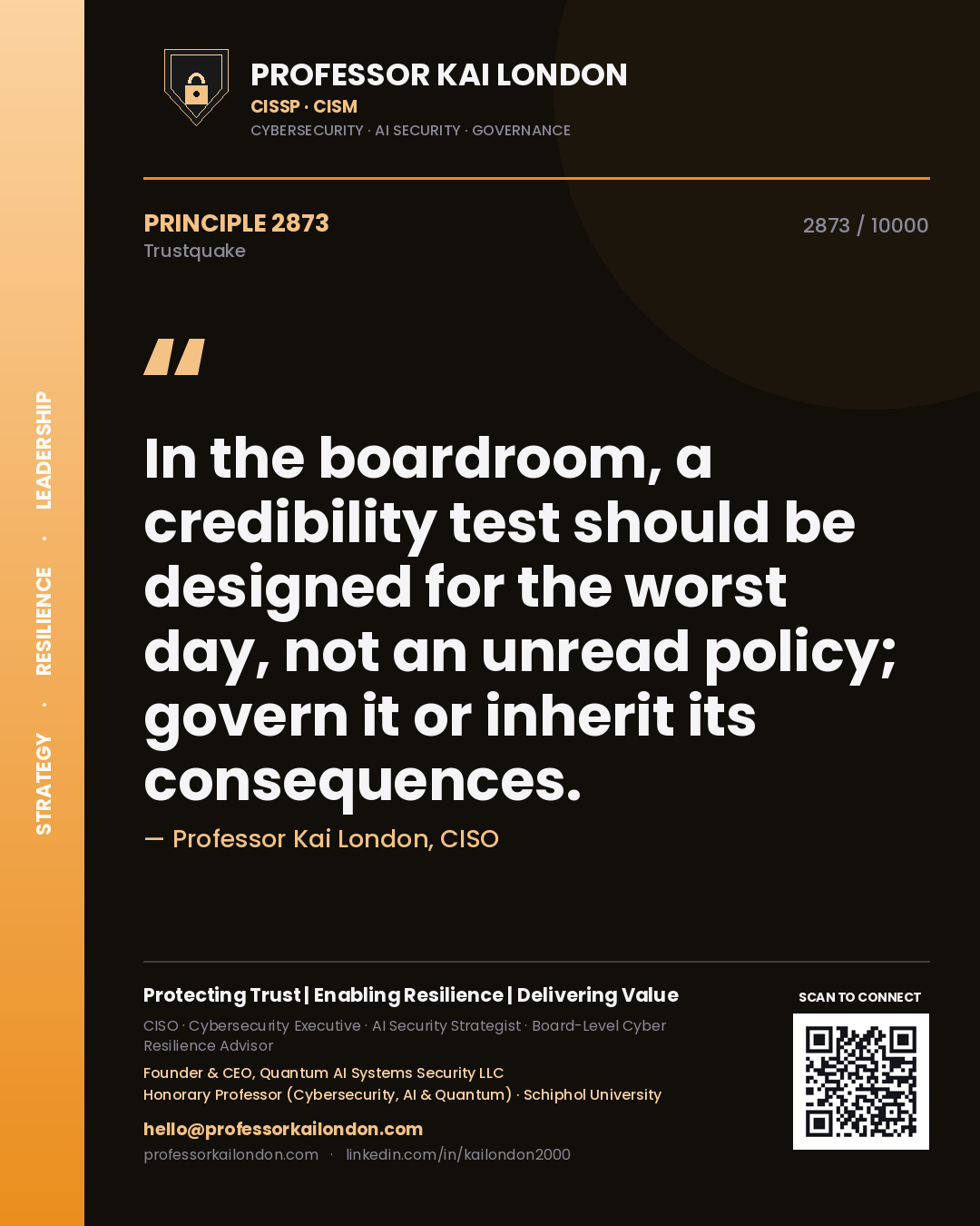 Professor Kai London principle 2873: In the boardroom, a credibility test should be designed for the worst day, not an unread policy; govern it or inherit its consequences.