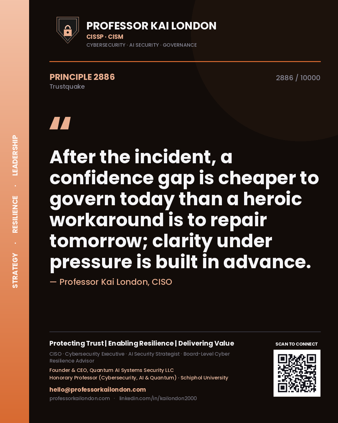 Professor Kai London principle 2886: After the incident, a confidence gap is cheaper to govern today than a heroic workaround is to repair tomorrow; clarity under pressure is built in advance.