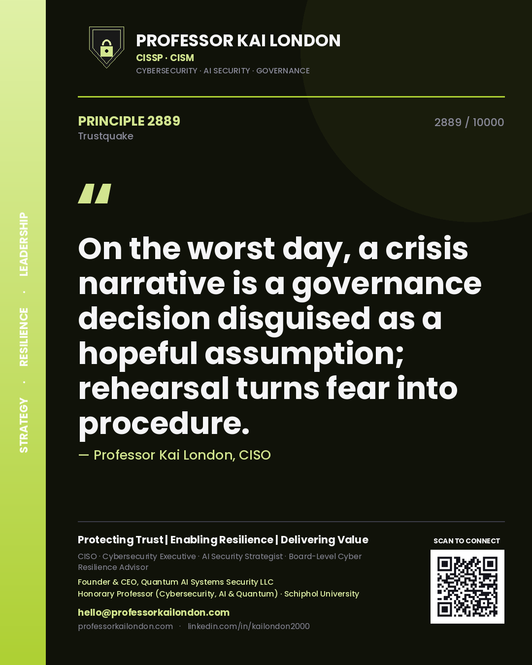 Professor Kai London principle 2889: On the worst day, a crisis narrative is a governance decision disguised as a hopeful assumption; rehearsal turns fear into procedure.
