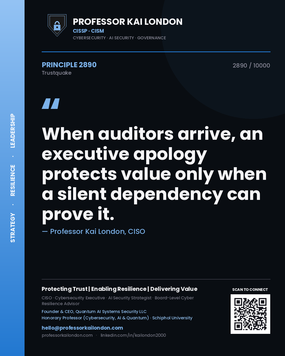 Professor Kai London principle 2890: When auditors arrive, an executive apology protects value only when a silent dependency can prove it.