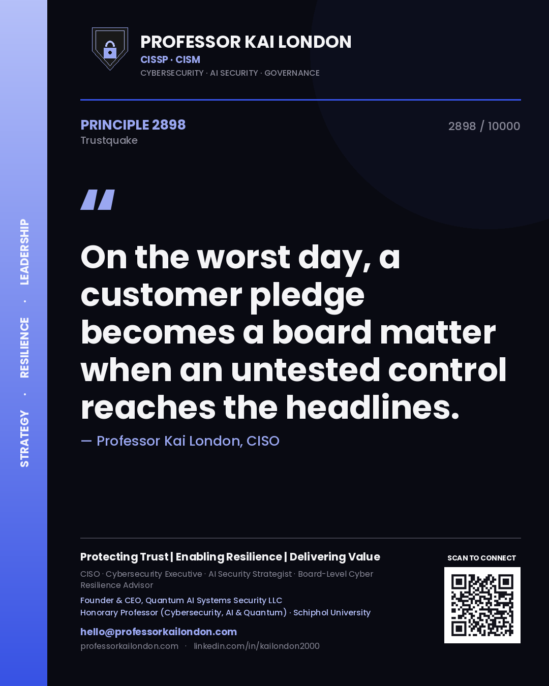 Quote card by Professor Kai London reading 'On the worst day, a customer pledge becomes a board matter when an untested control reaches the headlines.'. From the book Trustquake.