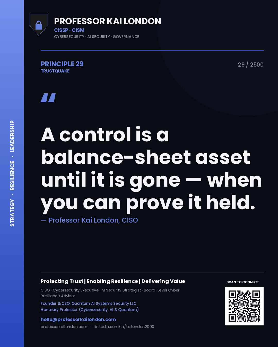 Quote card by Professor Kai London reading 'A control is a balance-sheet asset until it is gone — when you can prove it held.'. From the book Trustquake.