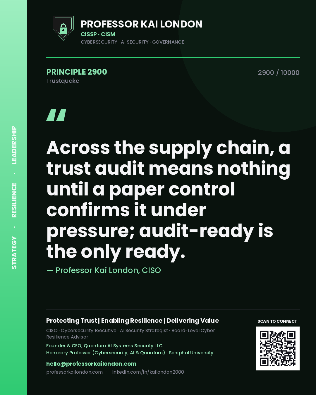 Quote card by Professor Kai London reading 'Across the supply chain, a trust audit means nothing until a paper control confirms it under pressure; audit-ready is the only ready.'. From the book Trustquake.