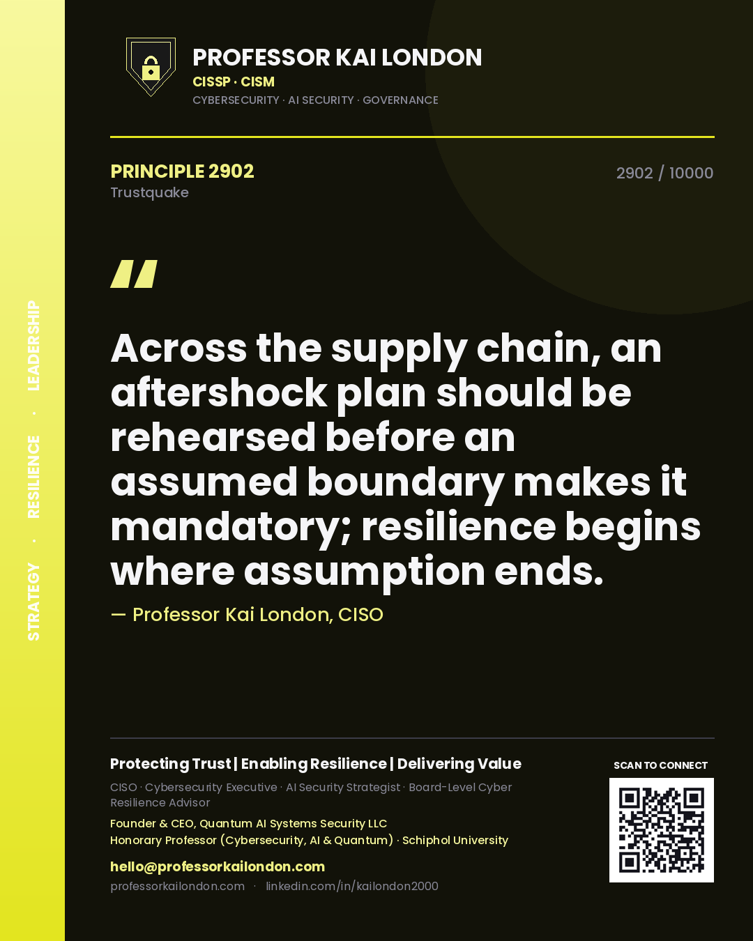 Professor Kai London principle 2902: Across the supply chain, an aftershock plan should be rehearsed before an assumed boundary makes it mandatory; resilience begins where assumption ends.