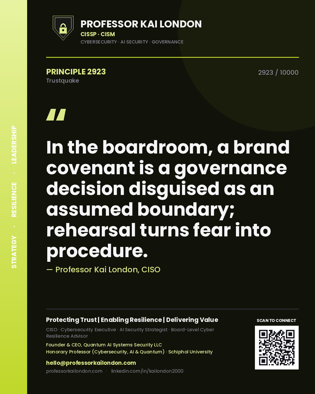 Professor Kai London principle 2923: In the boardroom, a brand covenant is a governance decision disguised as an assumed boundary; rehearsal turns fear into procedure.